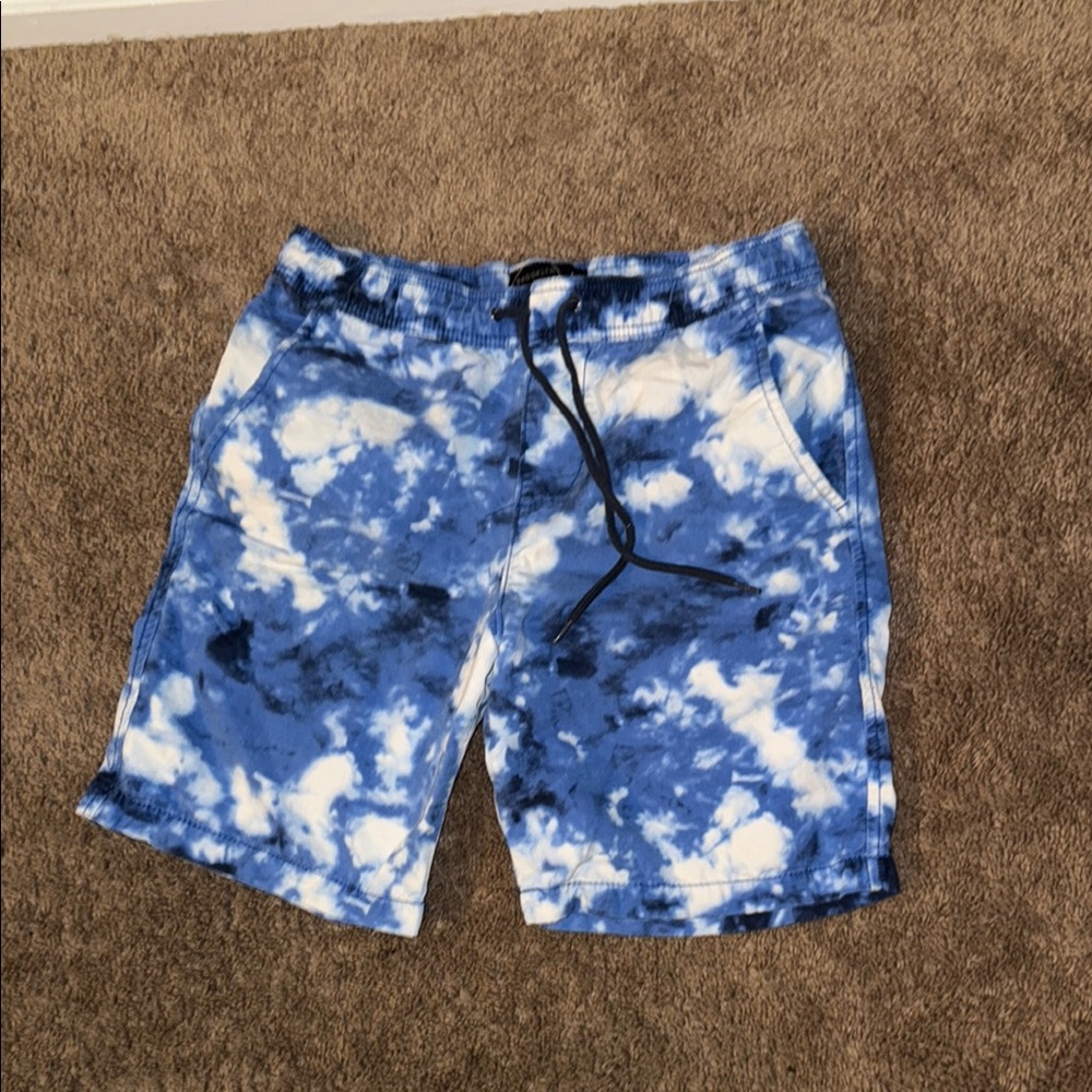 Blue and White Board Shorts with Tie-Dye Effect